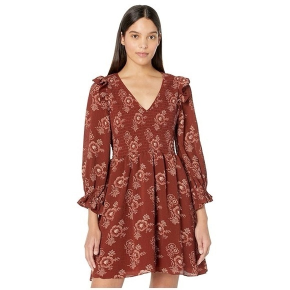 Madewell Women's Rust Cream Floral Lucie V-neck Smocked Dress XXS LNWOT #915